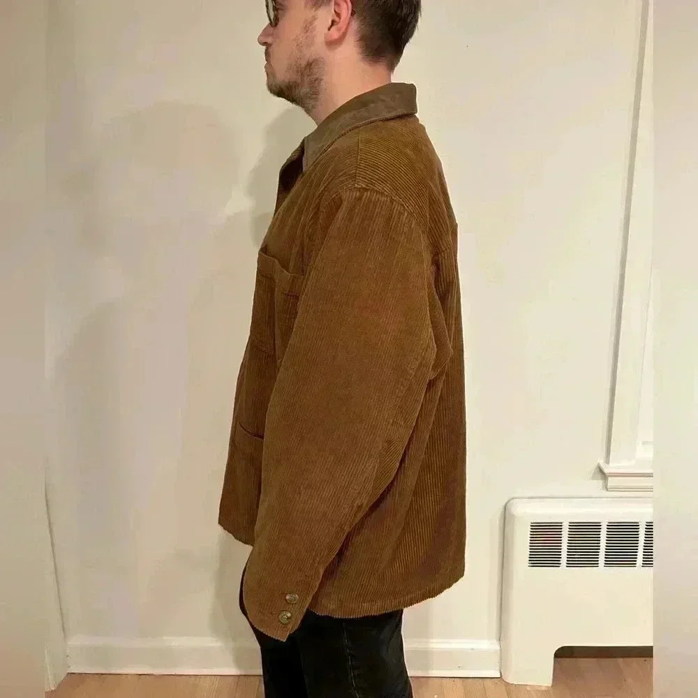 Vintage EDDIE BAUER cotton corduroy barn chore jacket leather collar sz L/ xL